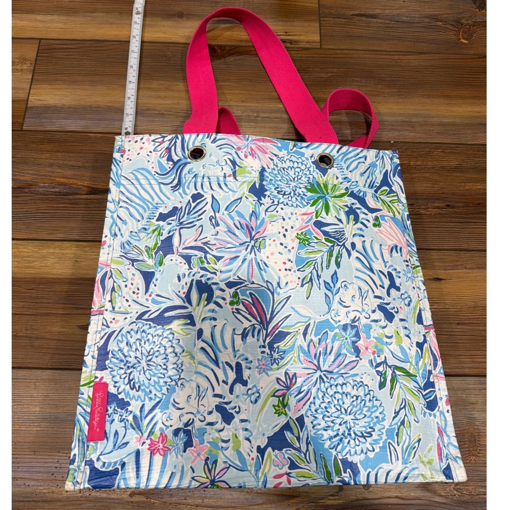 Lilly Pulitzer Reusable Tote Bag Blue Pink Floral Shopper Market Bag 14x13.5x7.5